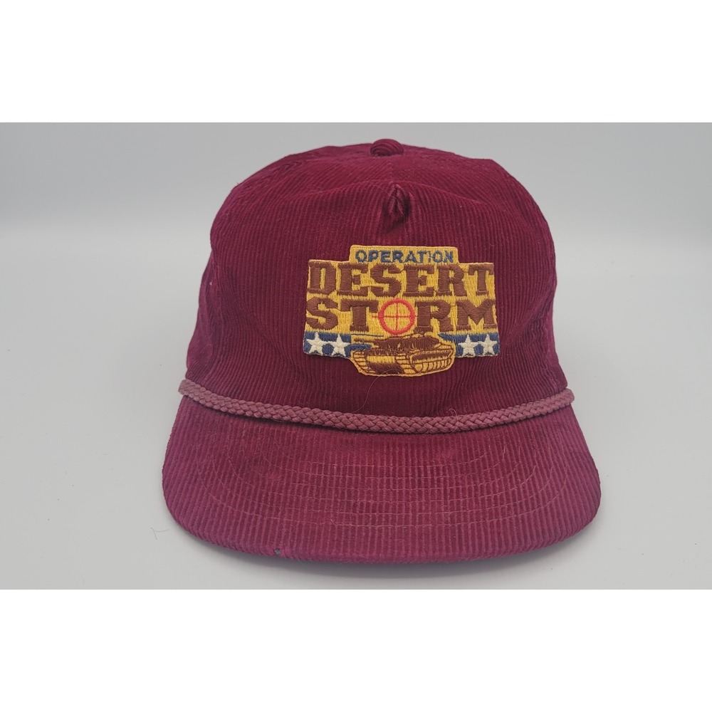 Vintage Desert Storm Strapback Hat Burgundy Corduroy Veteran USA Military Cap